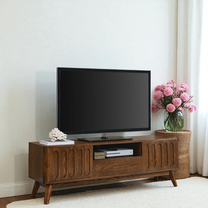 Mid-Century Modern Fluted TV Stand for 65 Inch TV, Farmhouse Wood Media Console with Drawer & Solid Wood Legs