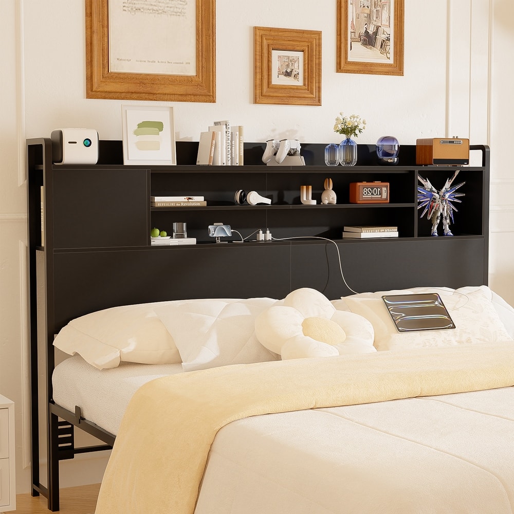 Storage Headboards with Power Outlet and LED Light, Head board with Storage Shelves for Bed Frame