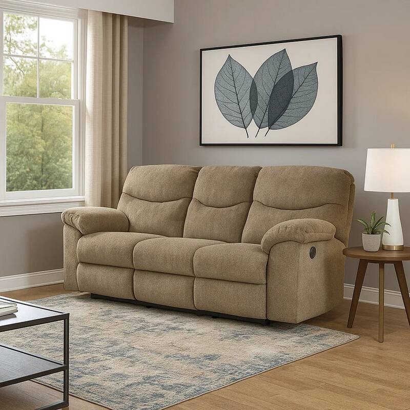 Tul 93 Inch Manual Recliner Sofa, Soft Cushioned, Beige Brown Polyester