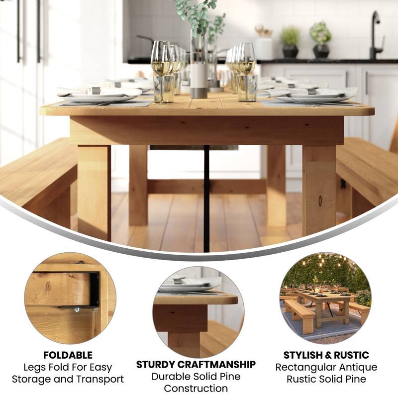 8' x 40" Rectangular Antique Rustic Solid Pine Folding Farm Table - 96"D x 40"W x 30"H