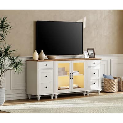 LED TV Stand for 75 Inch TV, 3-in-1 TV Cabinet & Side Table Set, White - 67 Inch