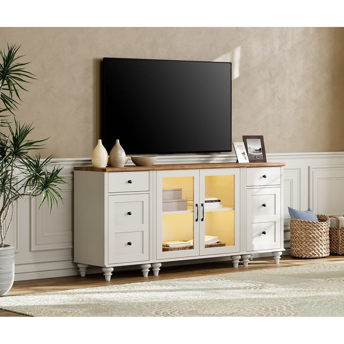 TV Stand for 75 Inch TV, 3-in-1 TV Cabinet & Side Table Set, White - 67 Inch