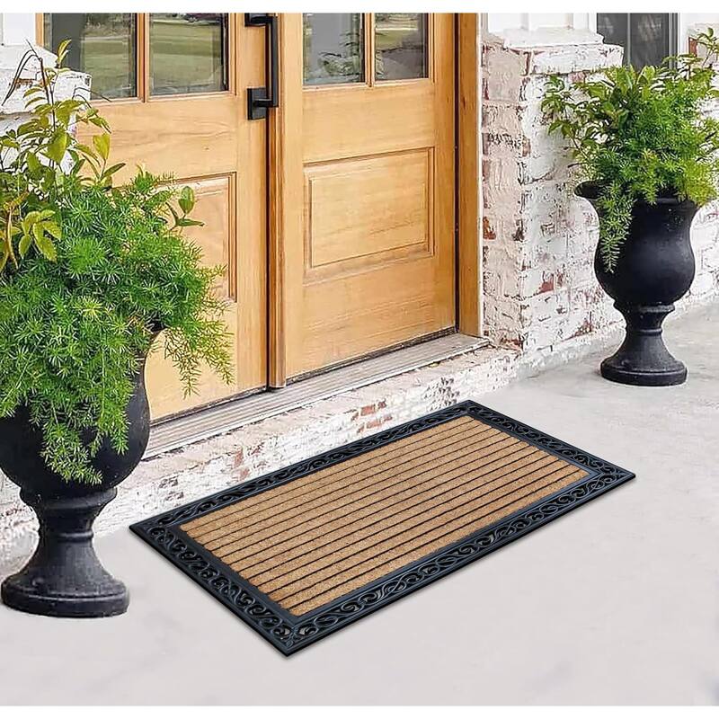 A1HC Rubber and Coir Striped Border Durable Double Door Doormat Black/Beige - 30"X48"