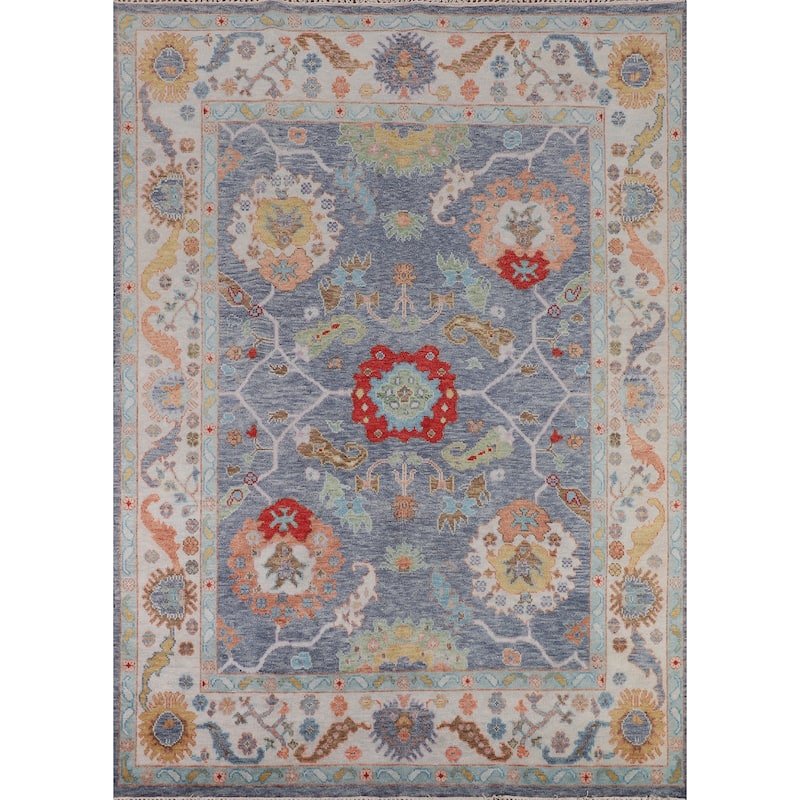 All-Over Blue Floral Oushak Indian Area Rug Hand-Knotted Wool Carpet - 7'11" X 9'9"