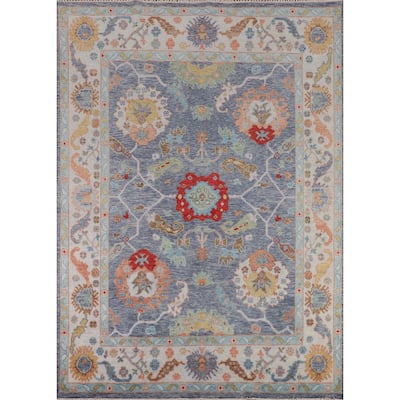 All-Over Blue Floral Oushak Indian Area Rug Hand-Knotted Wool Carpet - 7'11" X 9'9"