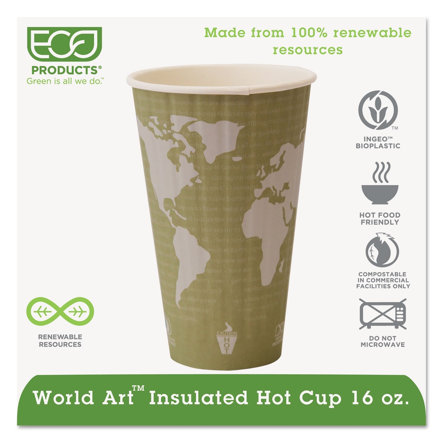 Renewable and Compostable Insulated Hot Cups, PLA, 15 Pks/Crtn - White