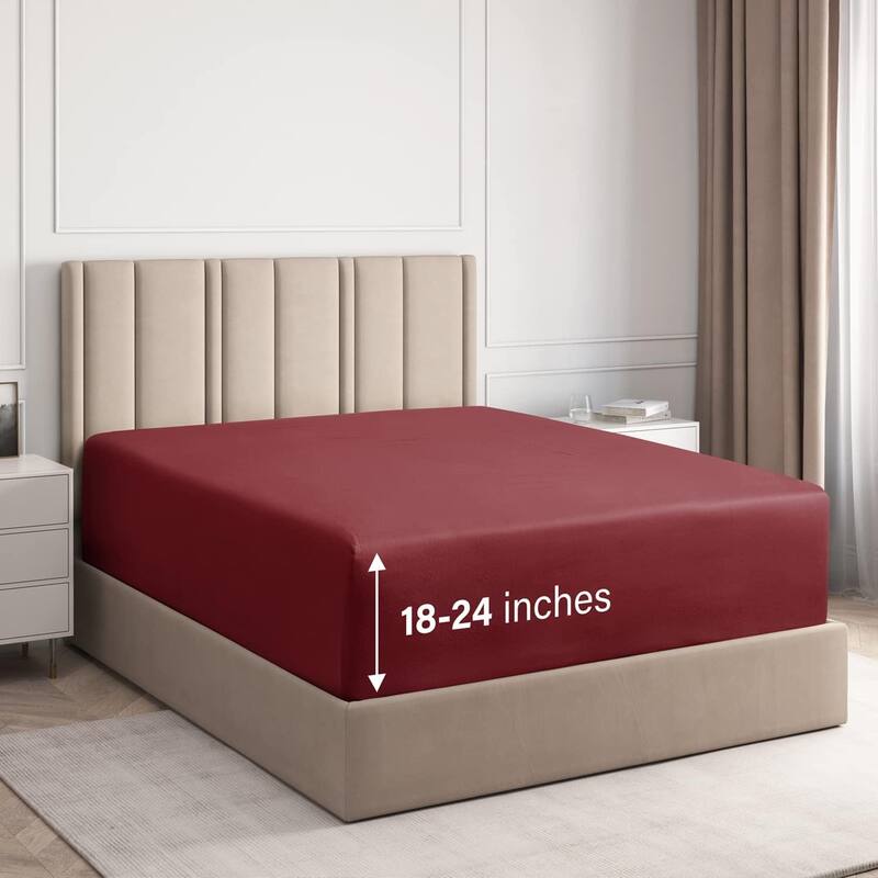 CGK Linens 100% Cotton 18" - 24" Inch Extra Deep Pocket Fitted Sheet - Twin - Burgundy