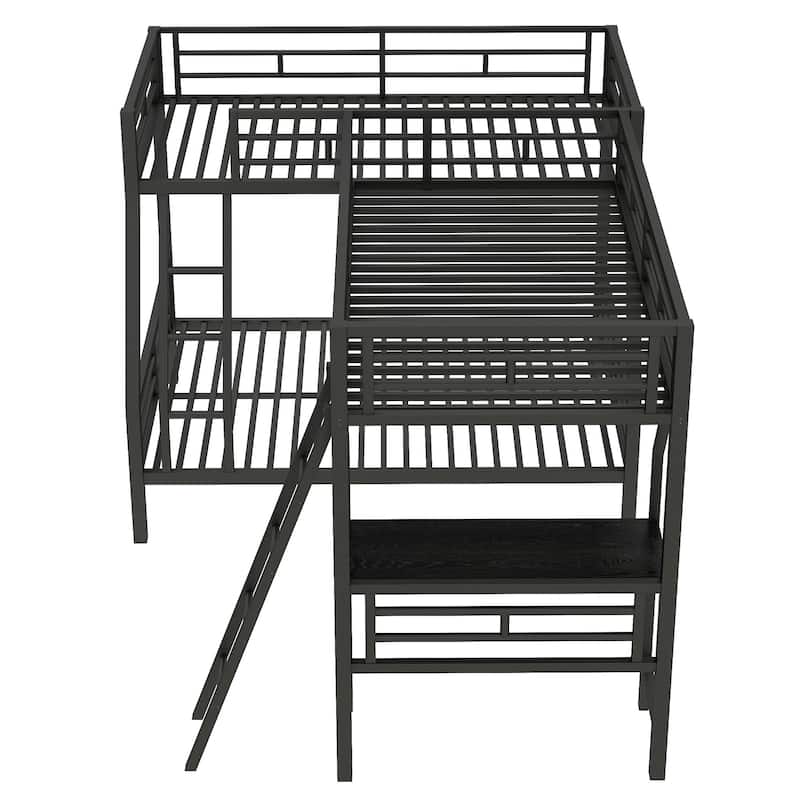 Triple Bunk Bed with Desk, Twin over Full and Loft, Metal Frame, Black