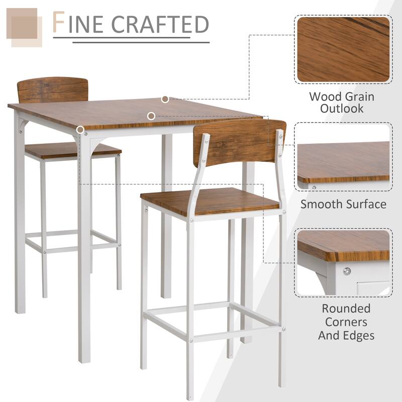 HOMCOM 3 PCs Modern Counter Height Dining Table Set with 2 Matching Stools Foorest Steel Legs