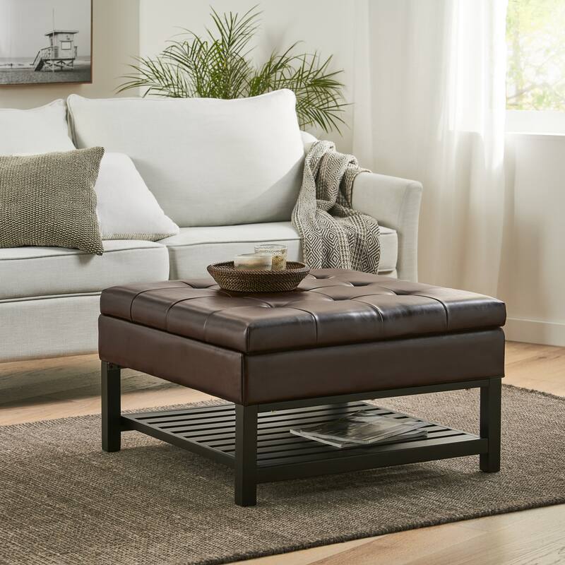 Roomfitters Square Tufted Ottoman with Lift-Top Storage and Slatted Shelf, Faux Leather Coffee Table, Dark Brown