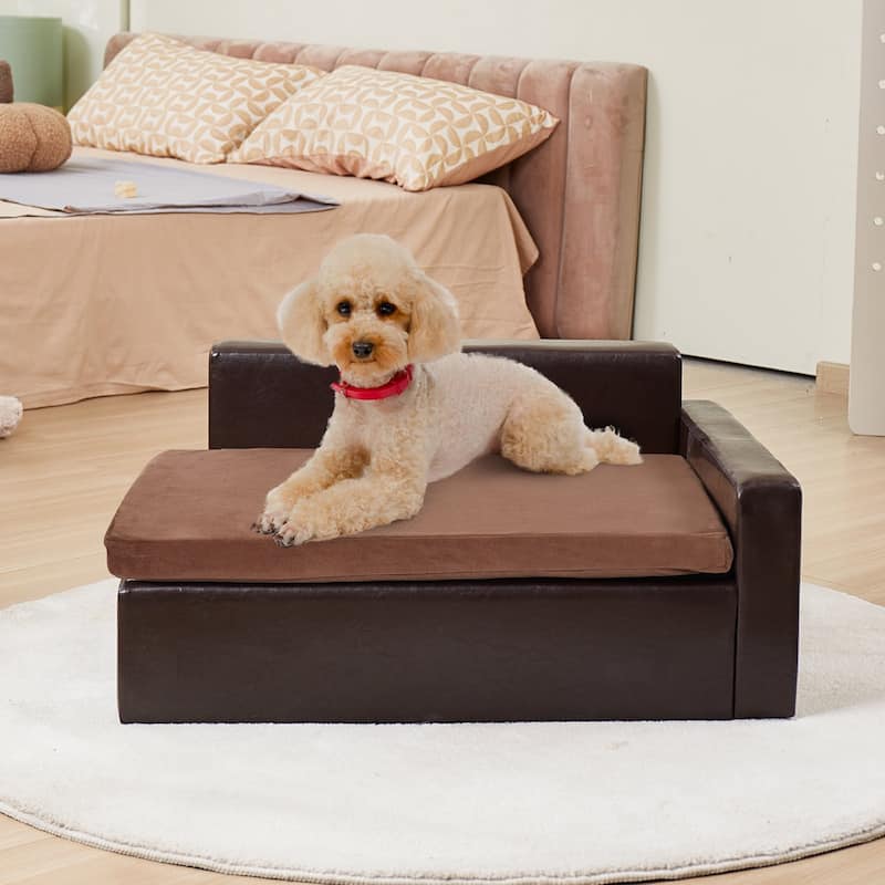 Brown Soft Faux Leather Dog Sofa Couch Perfect for Indoor Pets Suitable for Various Places