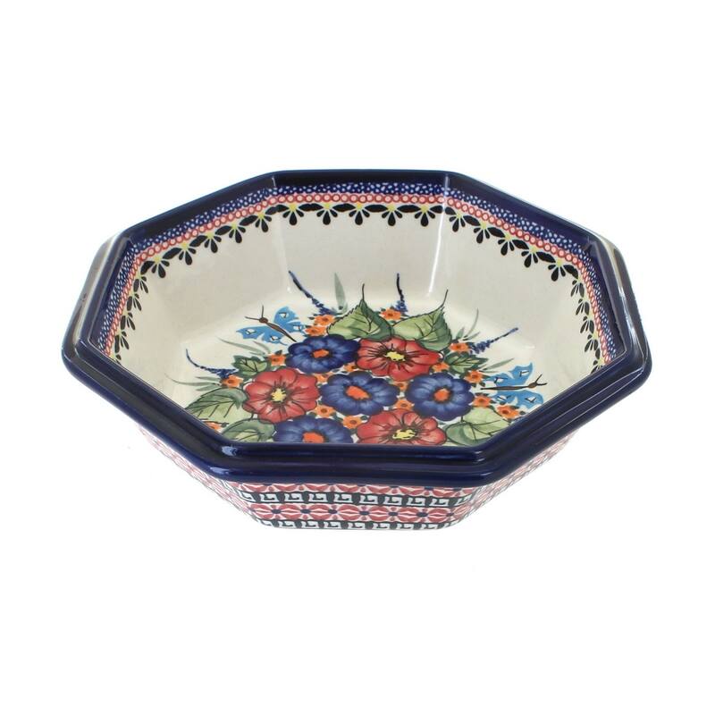 Blue Rose Polish Pottery 238 Zaklady Large Octagonal Bowl - Floral Butterfly
