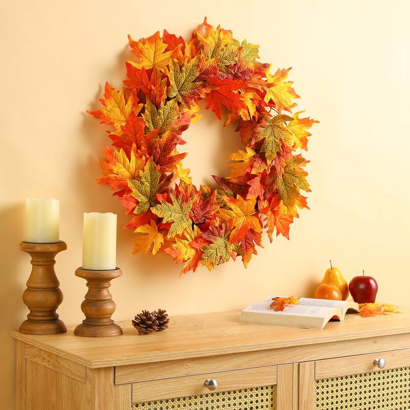 Glitzhome LED Lighted Fall Maple Leaves Wreath/Garland with Timer