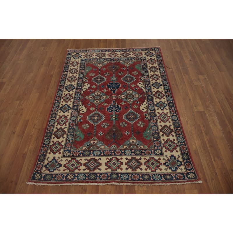 Hand Knotted Oriental 100% Wool Carpet Traditional Geometric Red Kazak Area Rug - 5' 9'' X 3' 10''