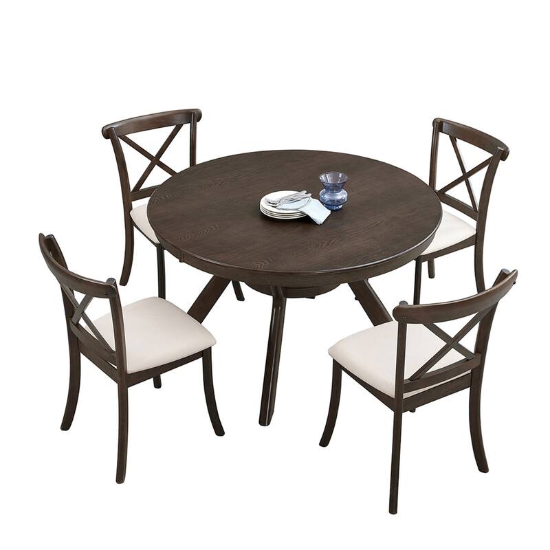 5 Pieces Set Mid-century Modern 47 in Round Rubber Wood Dining Table with Pedestal Base for 4-6 People