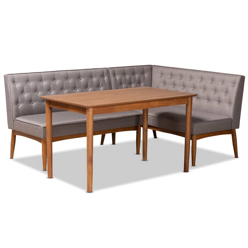 Riordan Mid-Century Upholstered and Walnut 3-PC Dining Nook Set - Grey