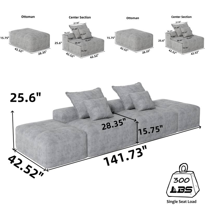 Modern Oversized Modular Chenille Sectional Sofa with 2 Ottomans and 2 Seat, 4 Pillows for Living Room