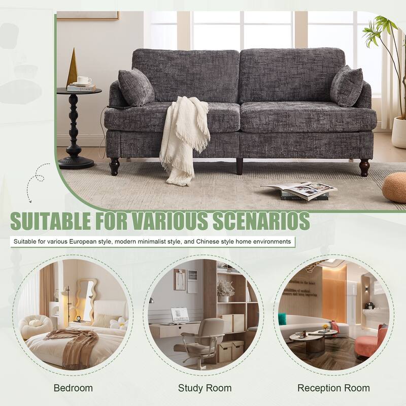 Modern Style Chenille 2-Seater Wood-Legged Sofa With Led Light,USB Charging Port And Storage Bag Living Room Bedroom Study Room