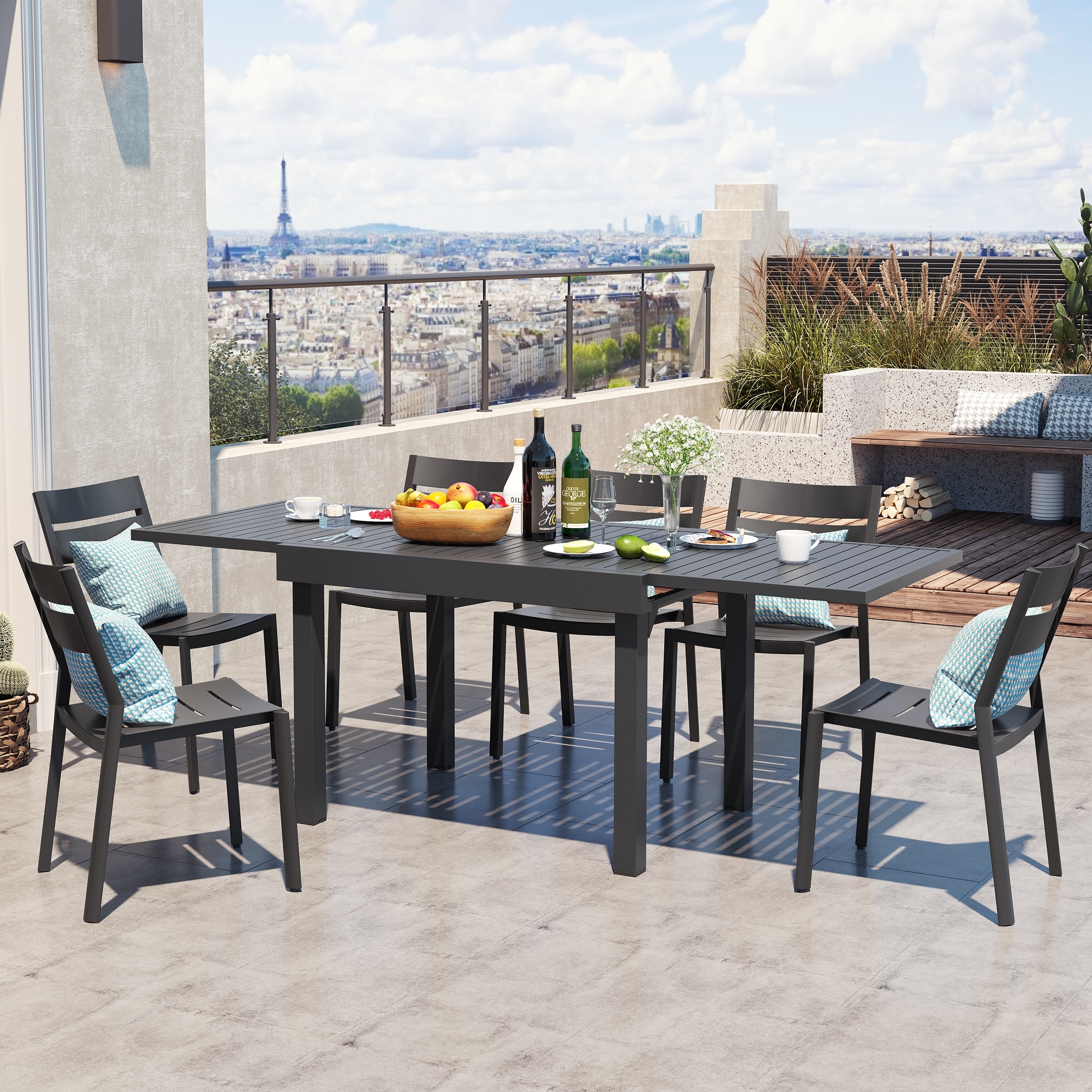 Outdoor Aluminum Expandable Patio Dining Table Adjustable Extension Leaf for 6-10 Person