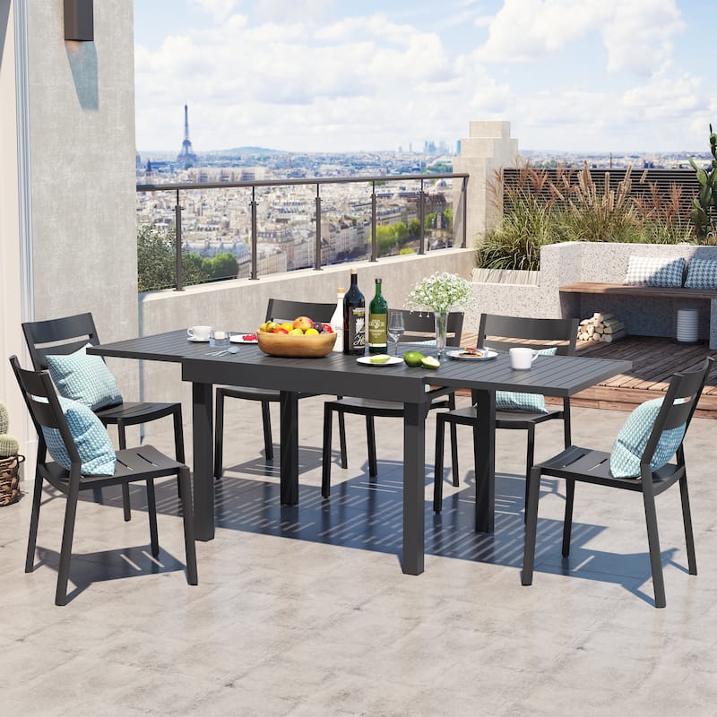 Outdoor Aluminum Expandable Patio Dining Table Adjustable Extension Leaf for 6-10 Person - Black - 82.7 inches long