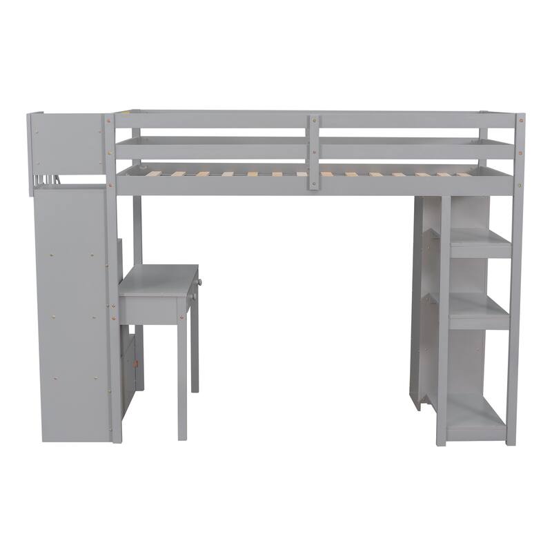 Twin Size Wooden Loft Bed with Storage Drawers, Desk, Stairs, and Shelves - Gray
