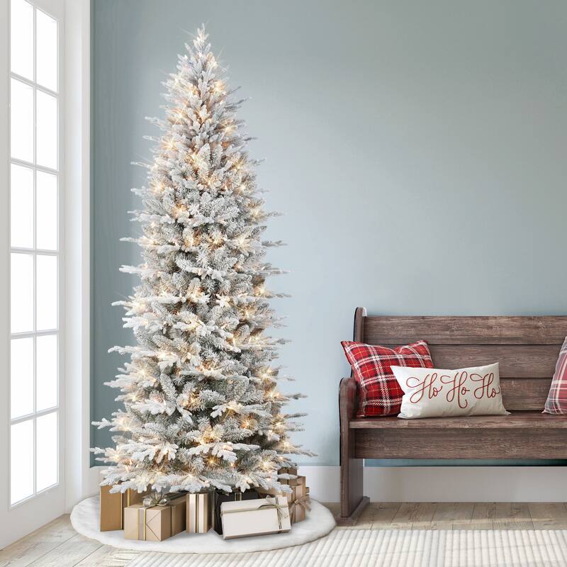 Puleo International 7.5 ft. Pre-lit Slim Flocked Northern Fir Artificial Christmas Tree