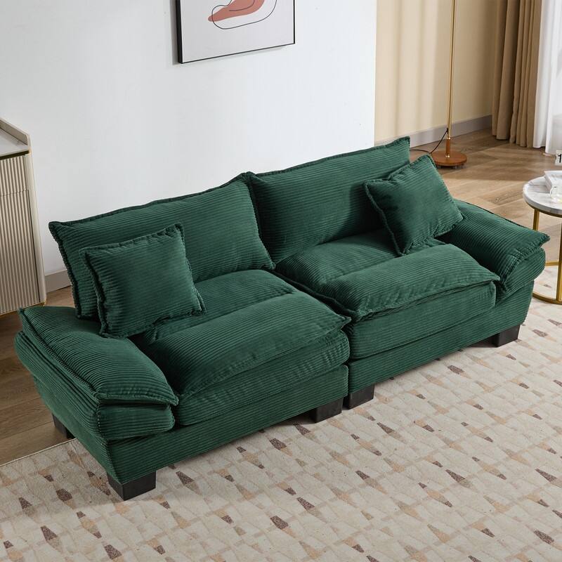Oversized Corduroy Loveseat Sofa - 84" Wide Deep-Seat Couch with Pillows for Living Room, Apartment, Office - Green