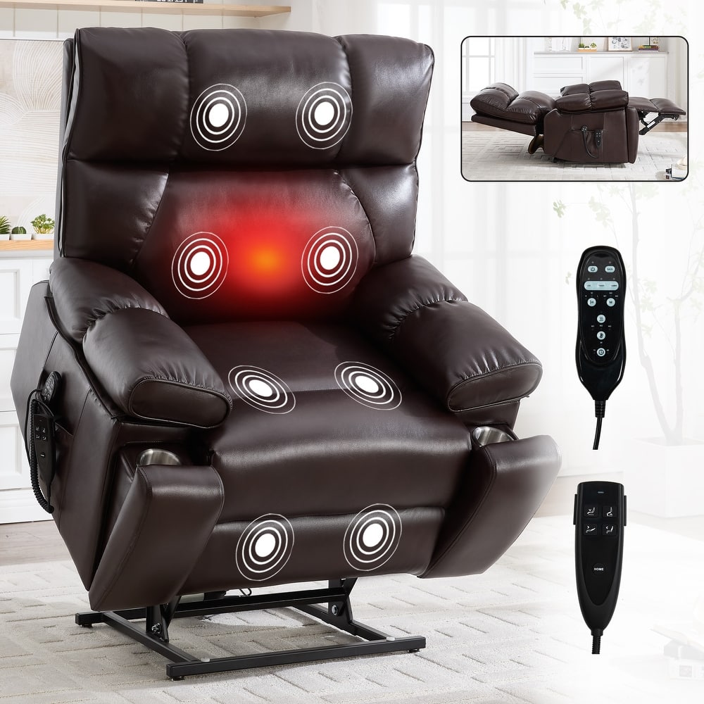 Leatheraire Heat Massage Dual Motor Infinite Position Up to 350 LBS Large Electric Power Lift Recliners with Hidden Cup Holders