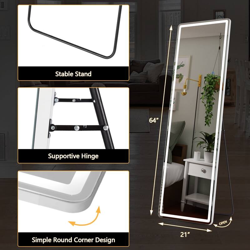 Floor Mirror with LED Light, 64" x 21" Full Length Mirror with Stand, Hanging Mirror Wall Mounted Mirror Full Body Mirror