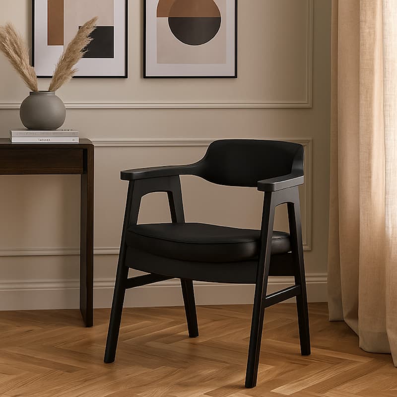 Zsy Dining Armchair w Curved Back, Black Birch Wood and Faux Leather