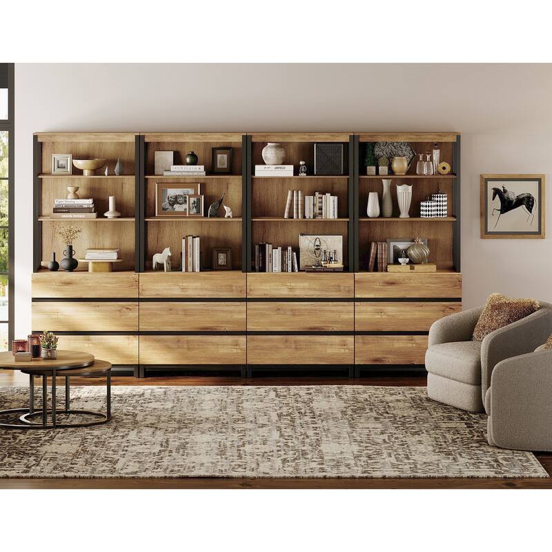 WAMPAT Modern 72" Tall Bookcase with Drawers and Open Book Shelfs, Library Book Shelf for Home Office, Living Room - Oak - 4 Piece