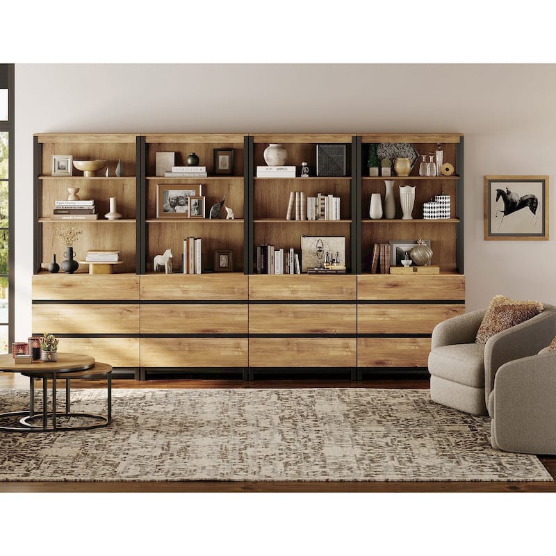 WAMPAT Modern TV Stand with 3 Tiers Bookshelf, Farmhouse Entertainment Center with 12 Drawers and Adjustable Shelf - Oak
