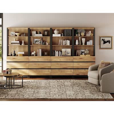 WAMPAT Modern TV Stand with 3 Tiers Bookshelf, Farmhouse Entertainment Center with 12 Drawers and Adjustable Shelf