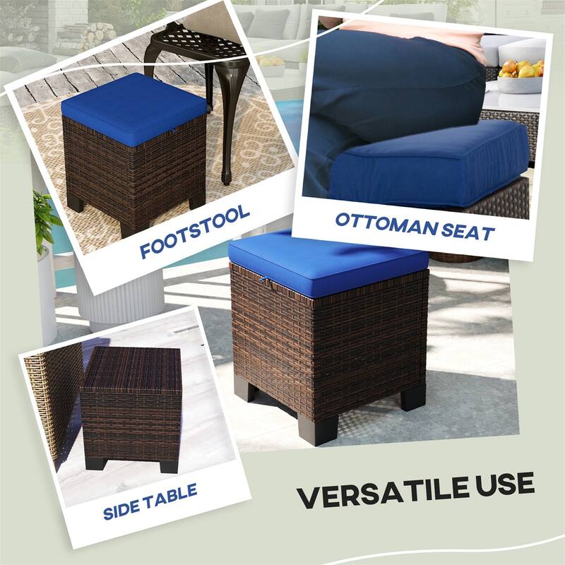 Set of 2 Outdoor Ottomans Wicker with Cushions Steel Frame for Patio Balcony Yard - 15.7" W x 15.7" D x 18.1" H