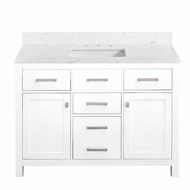 Prismatica Single Sink Bathroom Vanity 48 in White, Marble Countertop & Splash - Cultured Marble Top Vanity
