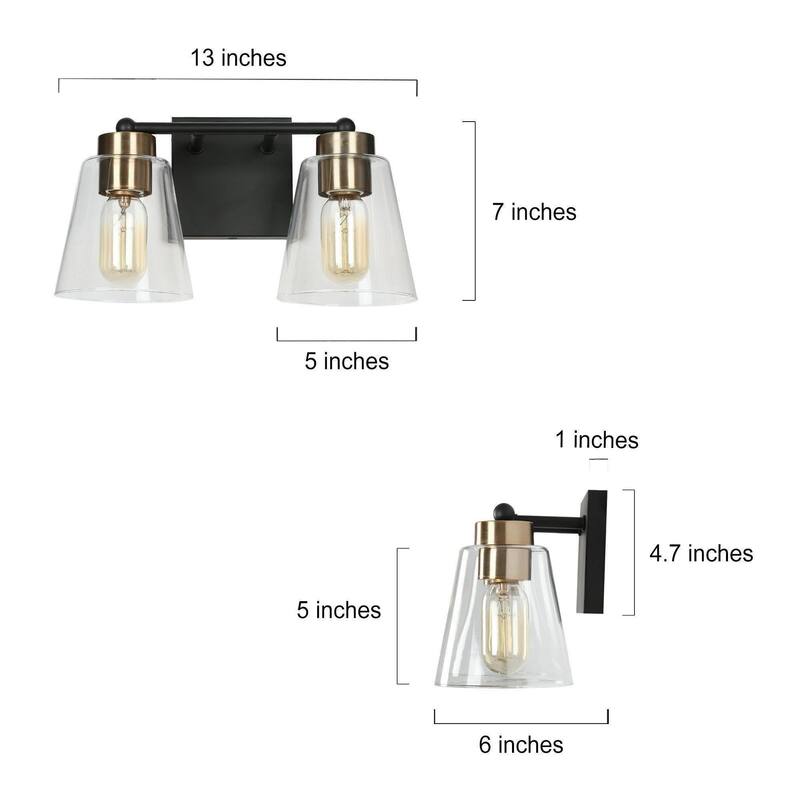 Airielle Black Gold 2-Lights Bathroom Vanity Lights Modern Farmhouse Bedroom Wall Lamps with Cylinder Glass Shade