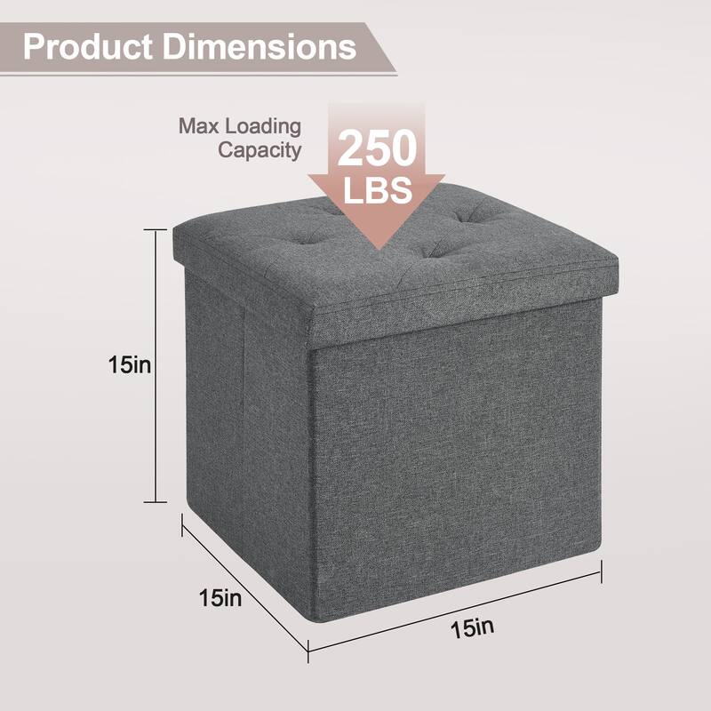 Javlergo 15" Foldable Storage Ottoman, Tufted Linen Foot Rest Stool/Seat Toy Chest