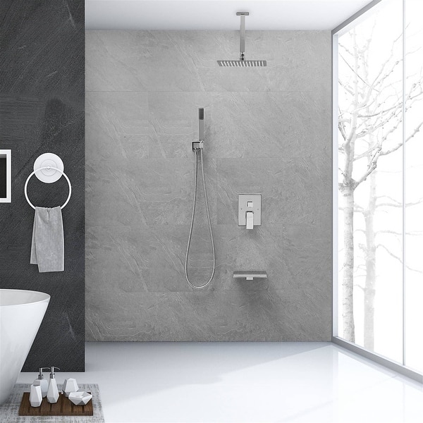 dimension image slide 2 of 8, Ceiling Mount Tub Shower System With Rough-in Valve Complete Shower Faucet With Handheld And 12 Inch Shower Head Combo Kit Set
