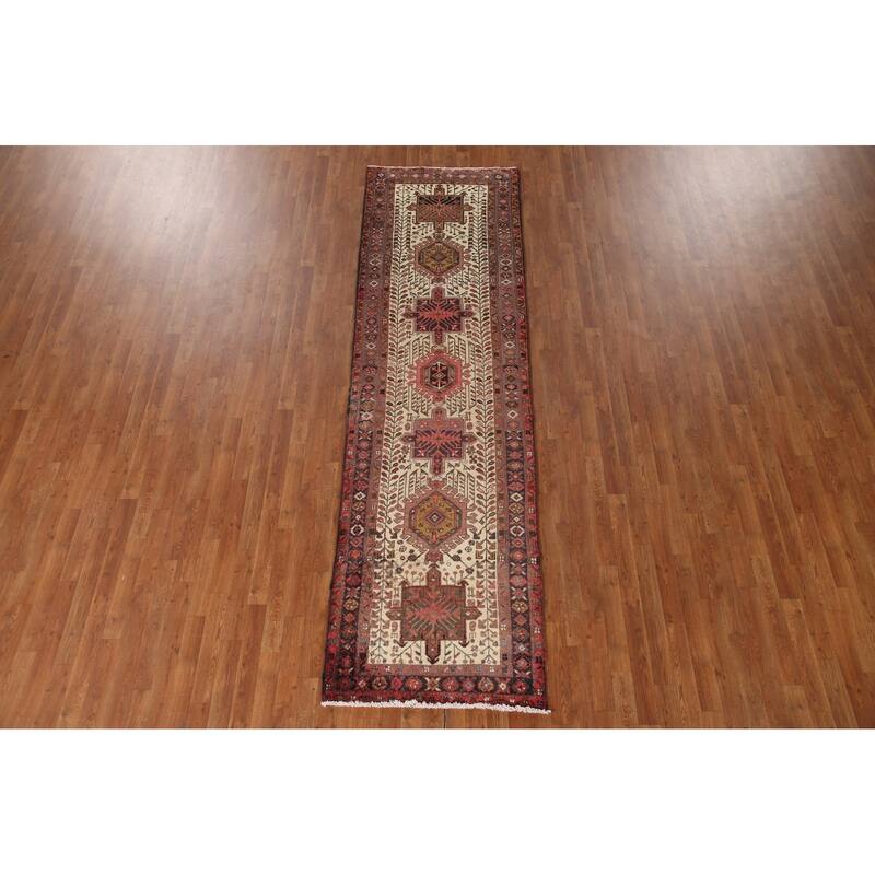 Geometric Heriz Persian Vintage Runner Rug Handmade Wool Carpet - 3'1"x 10'8"