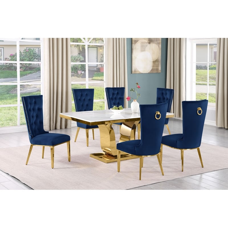 Best Quality Furniture D320-SC334-7 Dining Set with 66" White Marble Top