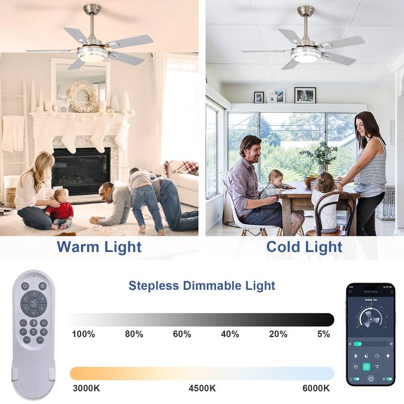 42-52Inch Ceiling Fan with Light: with 5 Blades Dual Finish Reversible - with Remote Control for Living Room Outdoor Patios