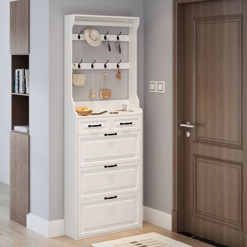 31.5 in.W Shoe Cabinet PVC Door with 3 Doors 2 Drawers with Hanger - White