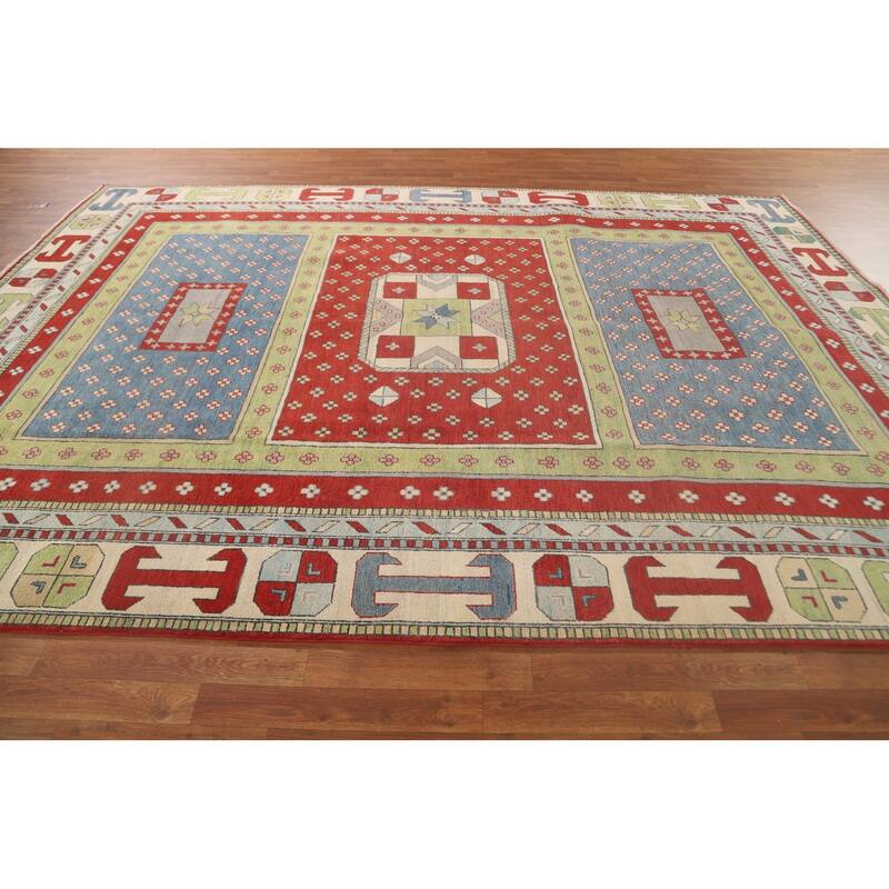 Light Green Kazak Oriental Area Rug Hand-Knotted Wool Carpet - 8'6"x 11'7"