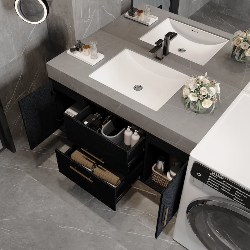 GDFStudio - Modern 39.4" Wall Mounted Floating Sintered Stone Bathroom Vanity with Seamless Ceramic Sink & Soft-Close Drawers