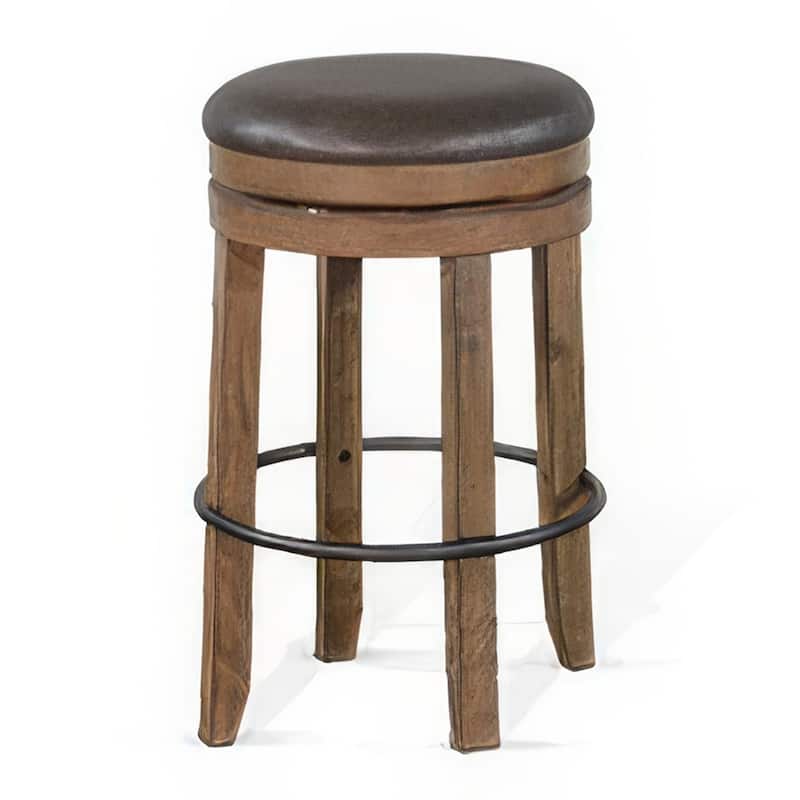 Yael Swivel Backless Barstool Set of 2, Gray Faux Leather, Brown Wood