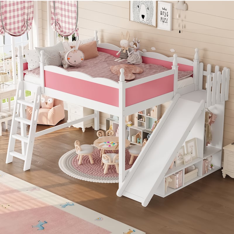 Queen Loft Bed with Storage Shelves and Wardrobe, Solid Wood Loft Beds with Detachable Slide and Ladders, No Spring Box Needed