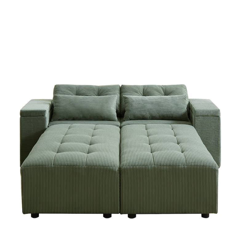 94" Corduroy 3-in-1 Convertible Sectional Sofa with 4 Storage Spaces and 4 Pillows