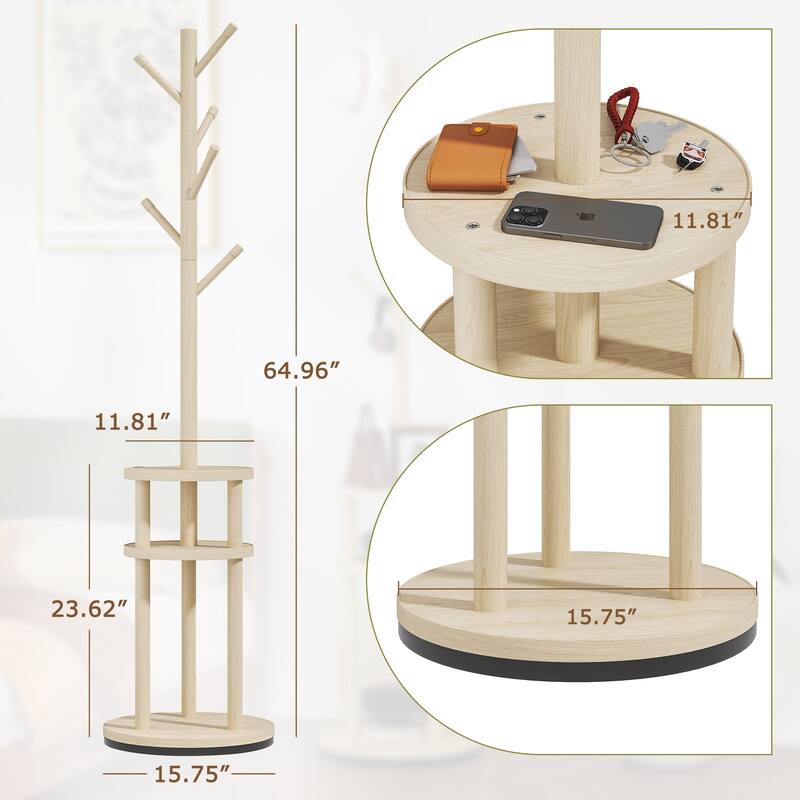 VECELO Modern Freestanding Coat Rack with 6 Branch Hooks Double Shelves, and Shoe Storage for Entryway Living Room Bedroom.