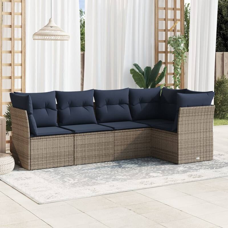 vidaXL 5/6 Piece Patio Sofa Set with Cushions Brown/Gray Poly Rattan - 24.4 x 24.4 x 27.2 - Beige and gray Without table