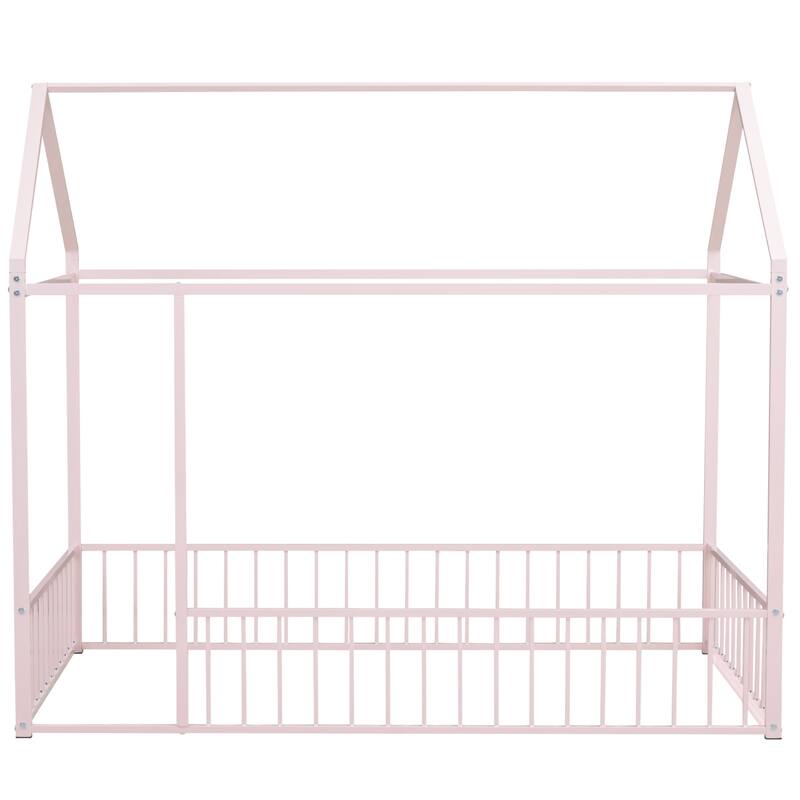 Pink Twin Size Metal House Bed Frame with Fence for Kids & Teens - Play & Sleep Design